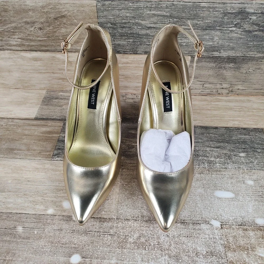 Nine West Plana 3 Womens Pumps Sz 6.5 M Metallic Gold Pointed Toe Ankle Strap
